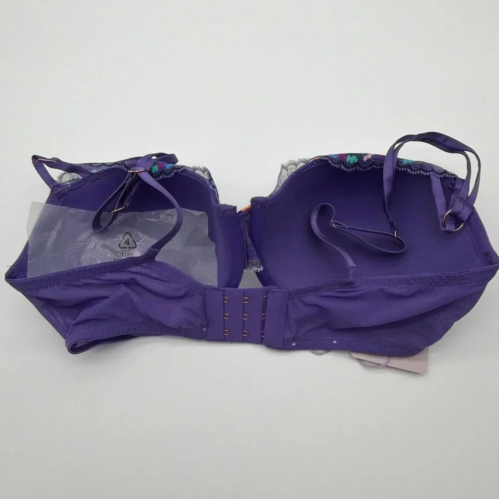 Savage X Fenty Steamy Floral Padded Lace Balconette Bra Purple Size 34DDD